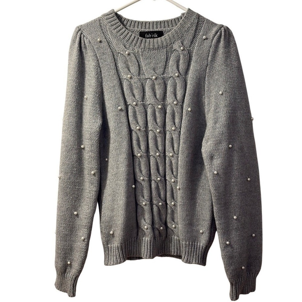 Chunky CableKnit Crewneck Sweater Pearl Puff Sleeve Gray Old Money|Quiet‎ Luxury